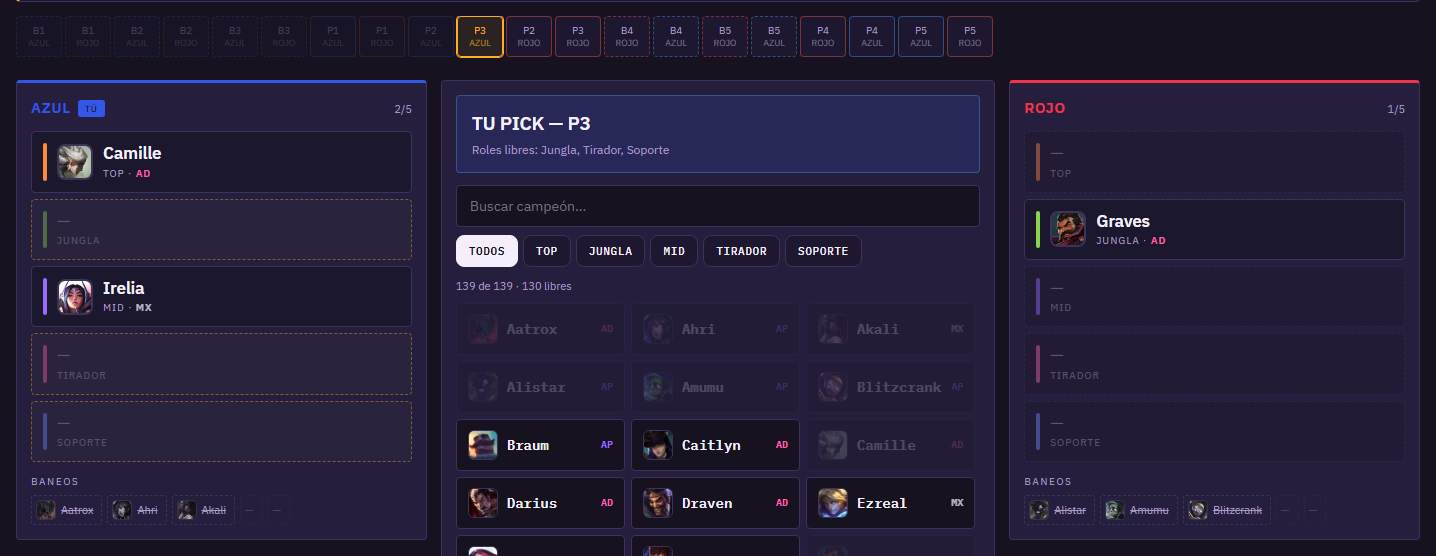 Tablero real de Draft Lab a mitad de la fase de picks, mostrando bans ya hechos y el orden snake en progreso.