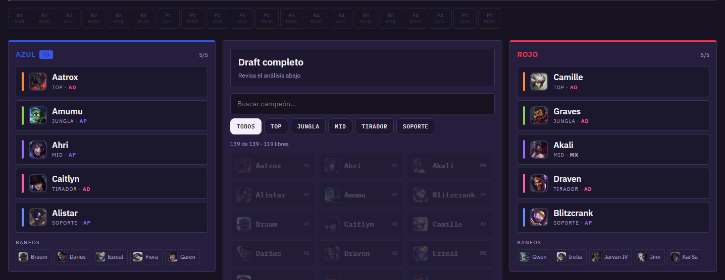 Tablero de draft real de Draft Lab con picks, bans y el veredicto del coach de IA.